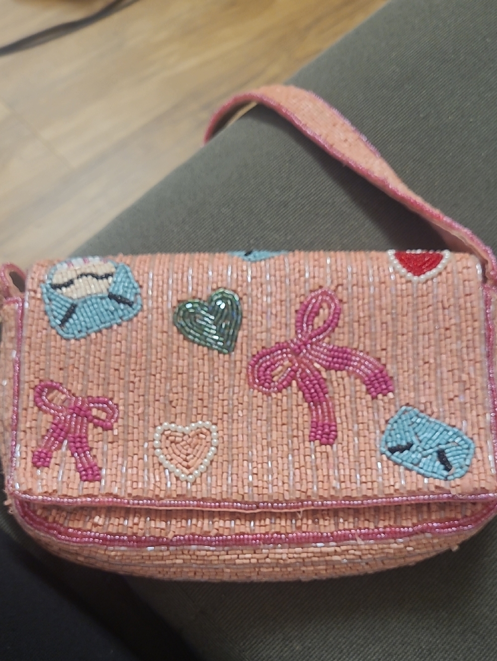 Viral Valentines Hand-Beaded Pink Shoulder Bag with Ribbon & Heart Motifs